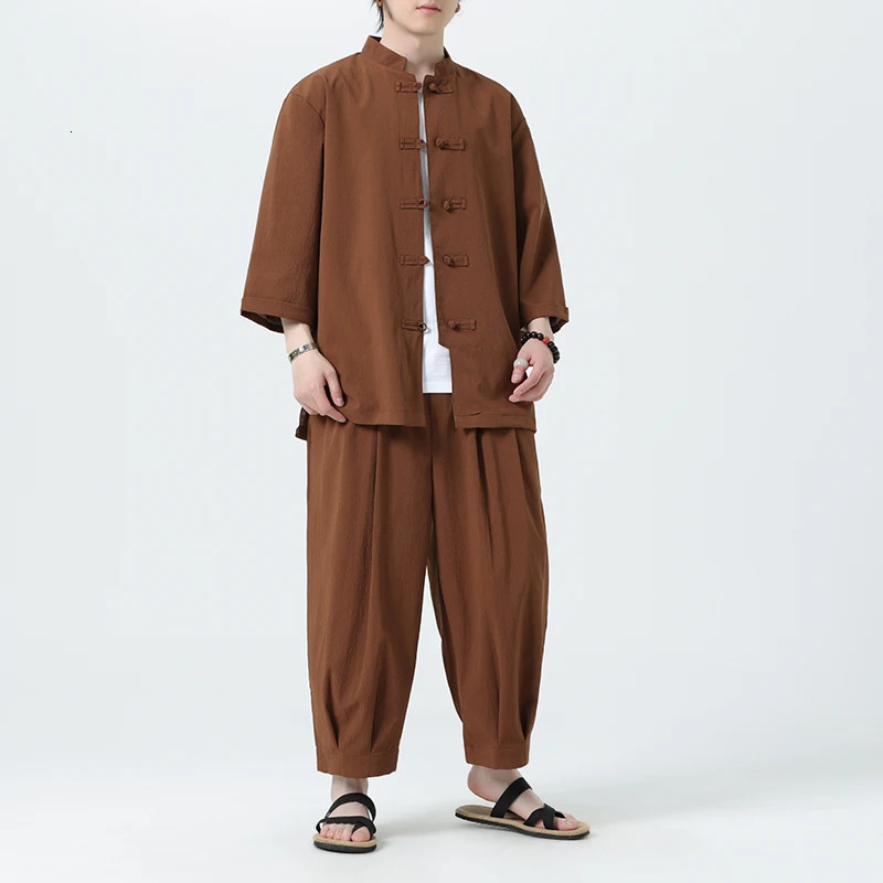 Summer cotton linen shirt set for mens casual outdoor 2-piece set and family clothing with pants 2-piece beach short sleeved set 250318