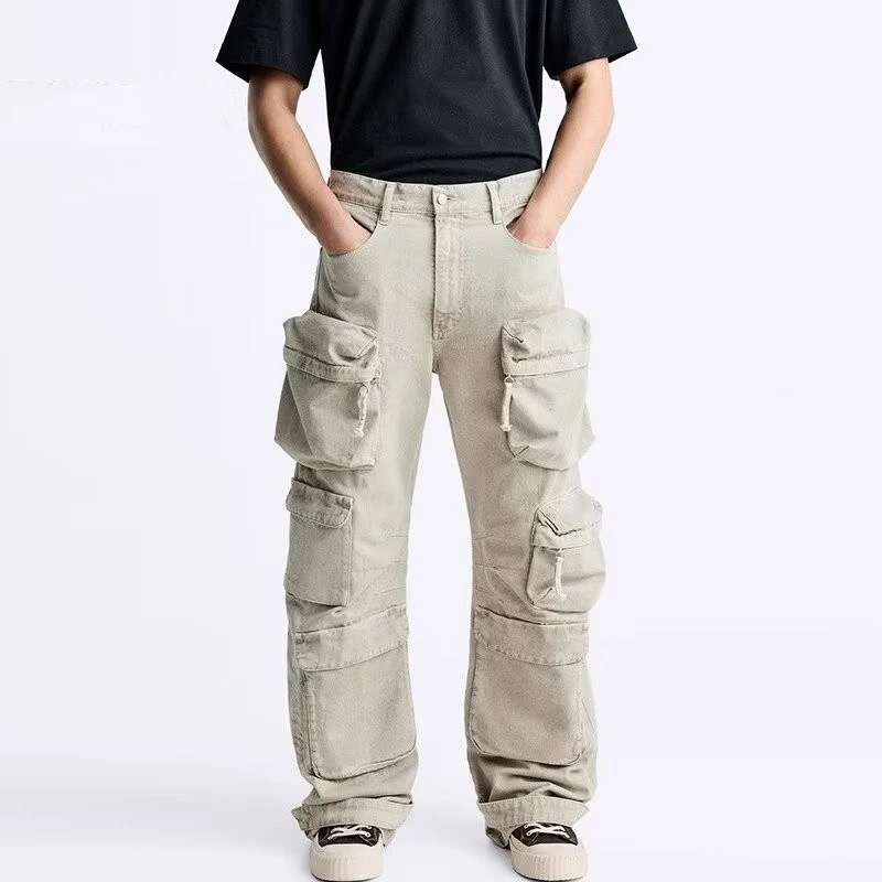 Trendy Denim Cargo Pants Mens Vintage Multi Pockets Patchwork Loose Straight Jeans Men Spring Fall Fashion Solid Color Trousers 250319