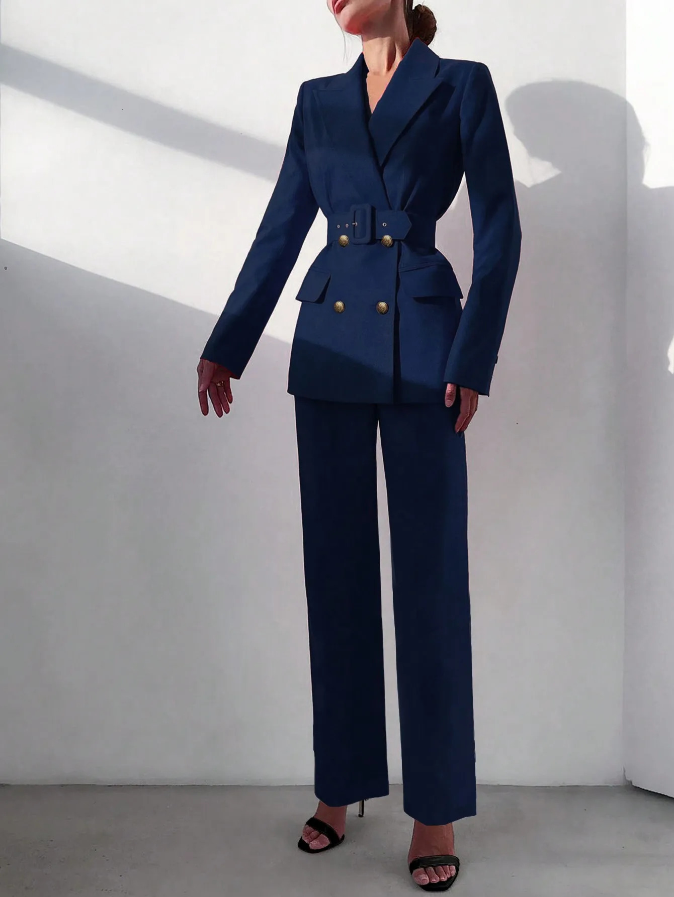 Womens 2piece waist belt double chest jacket and elastic straight leg pants set office wear business casual 250321