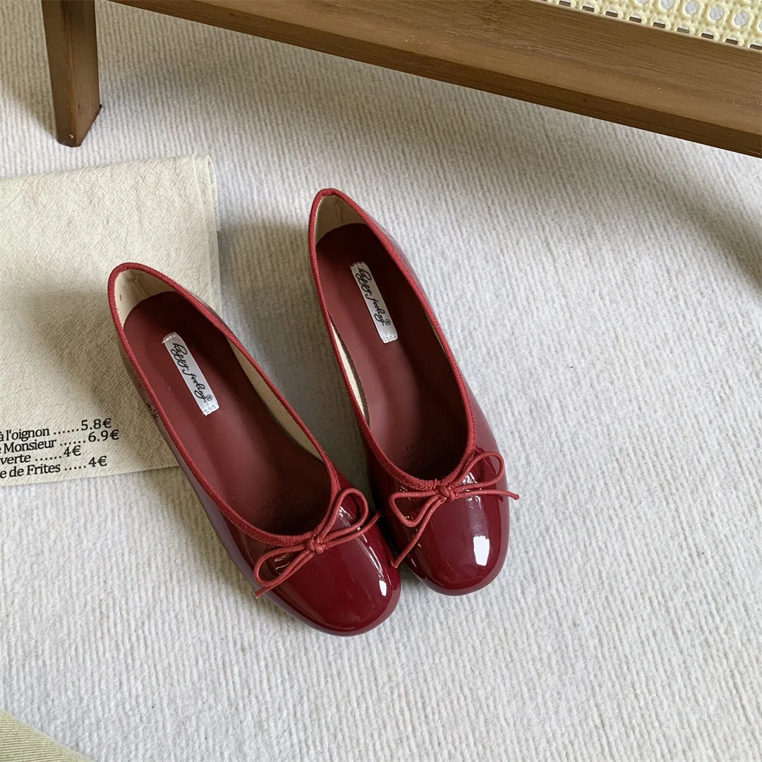 Soft Bow-Knot Round Toe Shoes Woman Flats Shallow Mouth Slip-on Casual Female Sneakers Butterfly Dress Patent Leather Boat Slip 250322