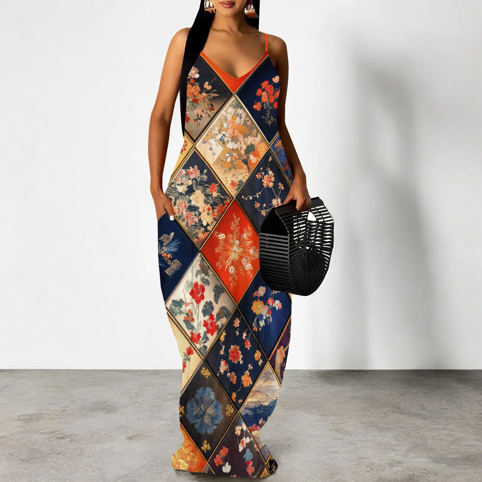 Womens summer plus size Hawaiian dress spaghetti strap long skirt beach bohemian casual sun dress 250317