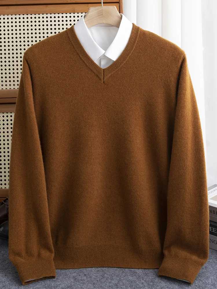 2024 Autumn Mens Cashmere Sweater V-neck Lanhua 00% Merino Wool Thick Knitted Soft Knitted Casual Fashion Top W250322