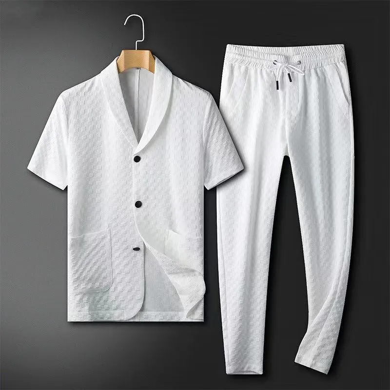 Men's Summer Fashion Tracksuit - Casual Two-Piece Set with Short Sleeves & Solid Geometric Pattern