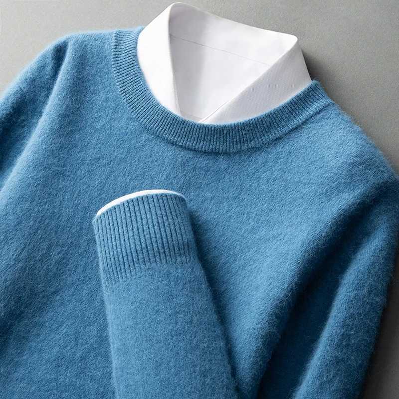 Mens 100% mink cashmere sweater loose autumn winter youth solid color long sleeved zipper round neck knitted bottom sweater W250322