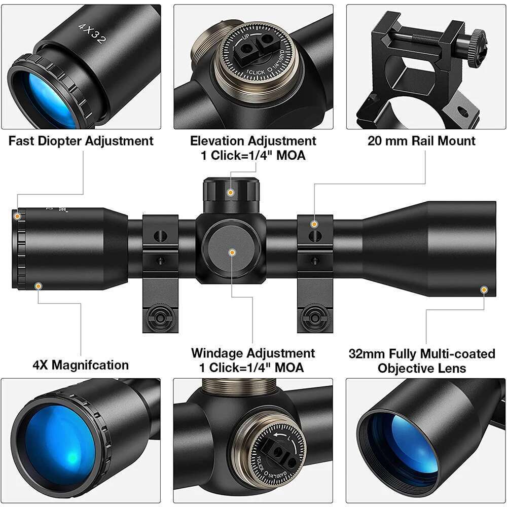 4X32 Compact Scope Mil-dot Crosshair Reticle Tactical Riflescope Optics Gun Scopes and Sights Collimator for 11/20mm Rail Mount