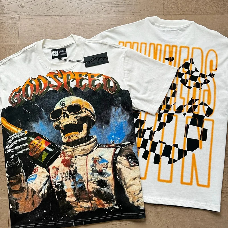 Godspeed short sleeved mens unisex abstract color skull print Godspeed retro style fashionable streetwear cotton T-shirt 250321