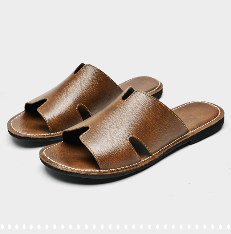 2025 Men's genuine leather one-word slippers summer cool slippers for outdoor wear large size non-slip wear-resistant trendy men's beach sho