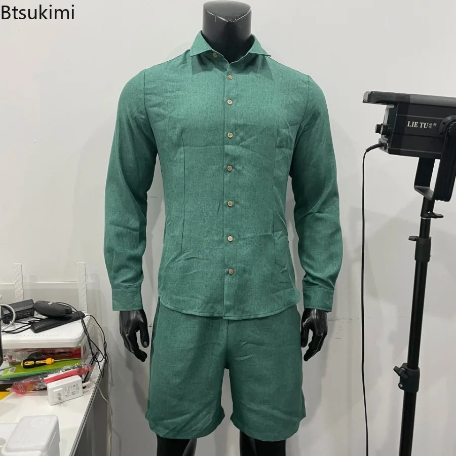 Fashion Streetwear Mens Summer Comfy Cotton Linen Casual Suit Long-sleeved Shirt and Shorts Two-pieces Men Vacation Outfit 250318