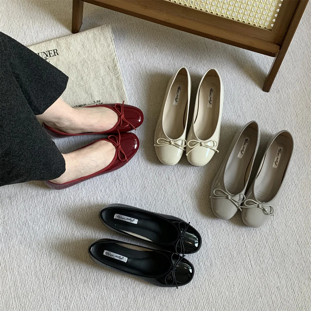 Soft Bow-Knot Round Toe Shoes Woman Flats Shallow Mouth Slip-on Casual Female Sneakers Butterfly Dress Patent Leather Boat Slip 250322