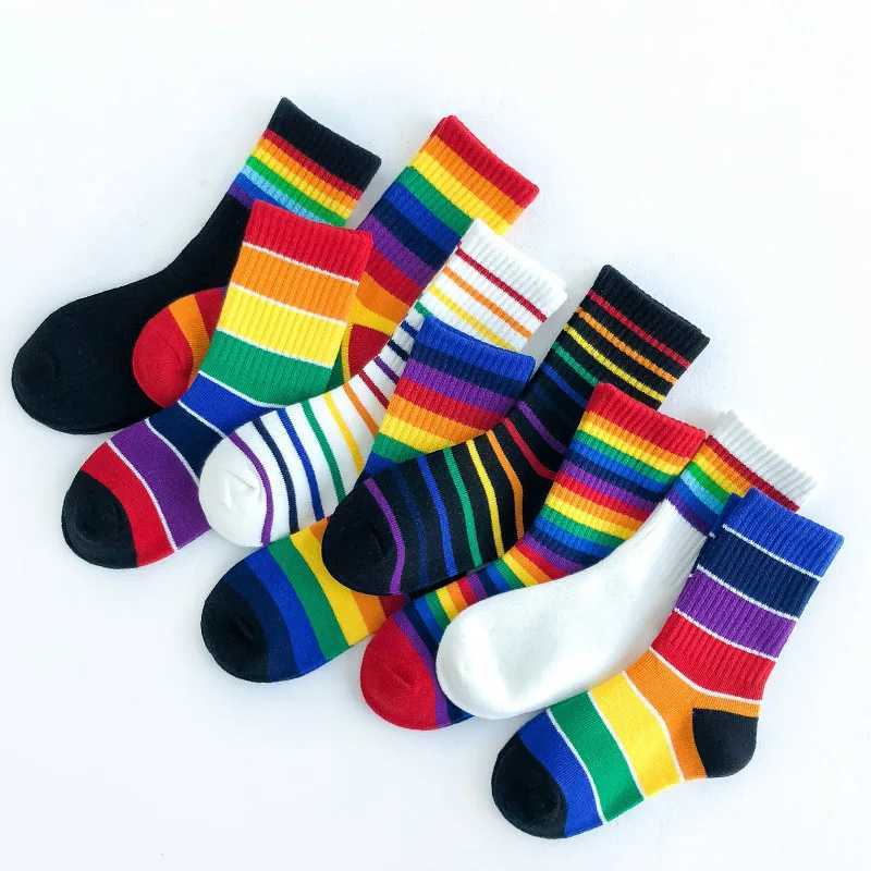 1 pair of rainbow socks suitable for children spring and summer colorful stripes breathable cotton for girls and boys tube socks school principal sock