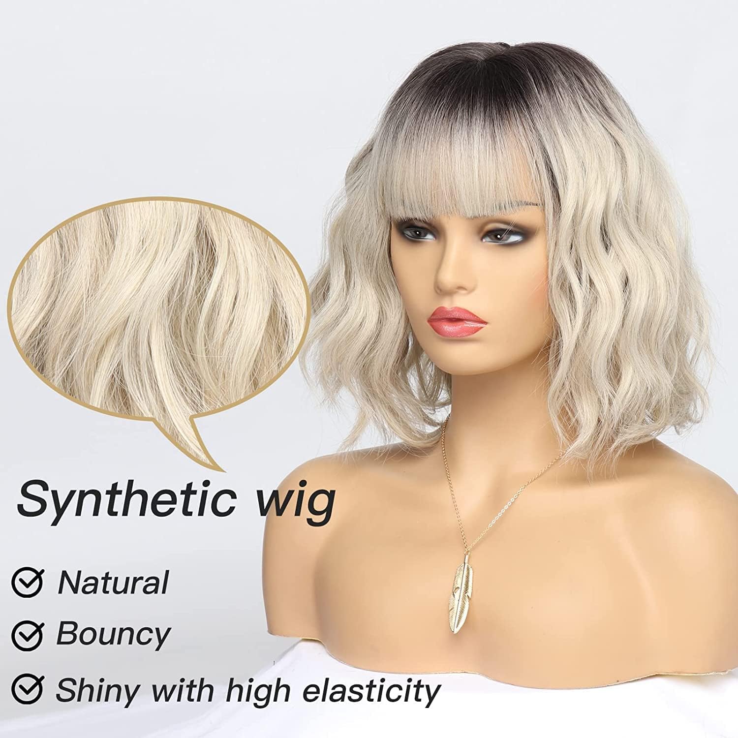 Short Blonde Bob Wigs for Women Wavy Ombre Grey Blonde Wig with Bangs Ash Blond Wig Synthetic Hair Water Wave Medium Length Colorful Wigs