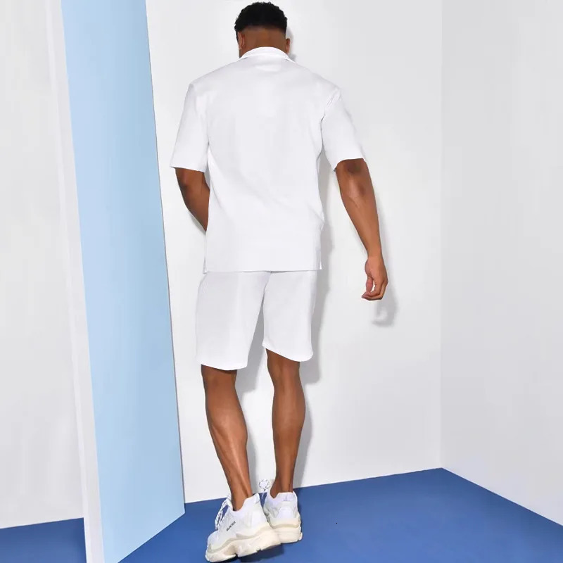 Plus Size 3xl Mens Casual Linen Two Piece Set Single Chest Top Shirt and White Shorts Set 250318