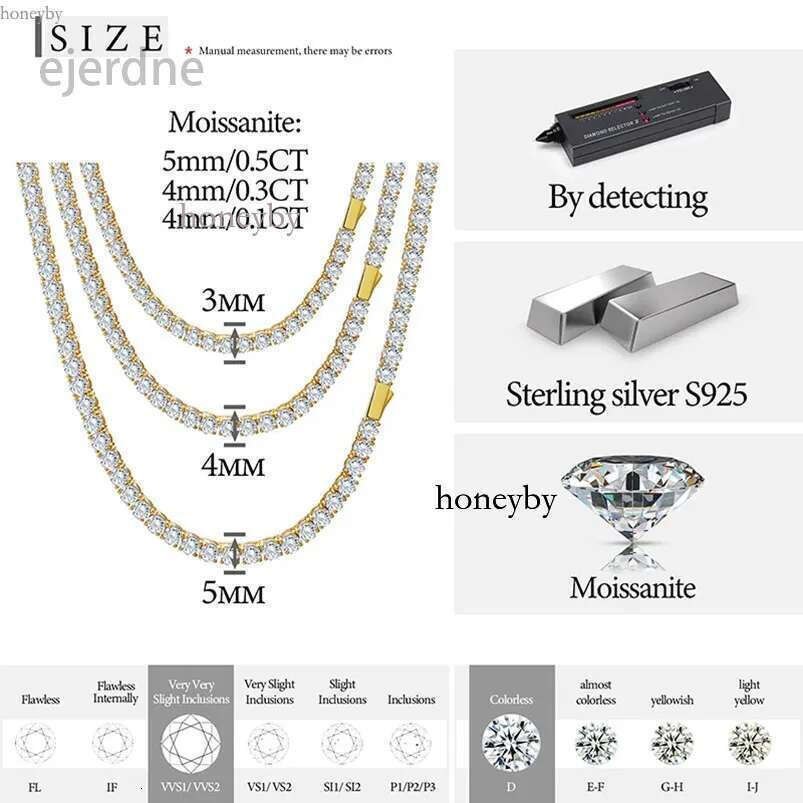 High Quality Moissanite Iced Out Tennis Chain Men Pass VVS1 Dia Test Gold Sier Chokers Necklaces Party Gift For Women