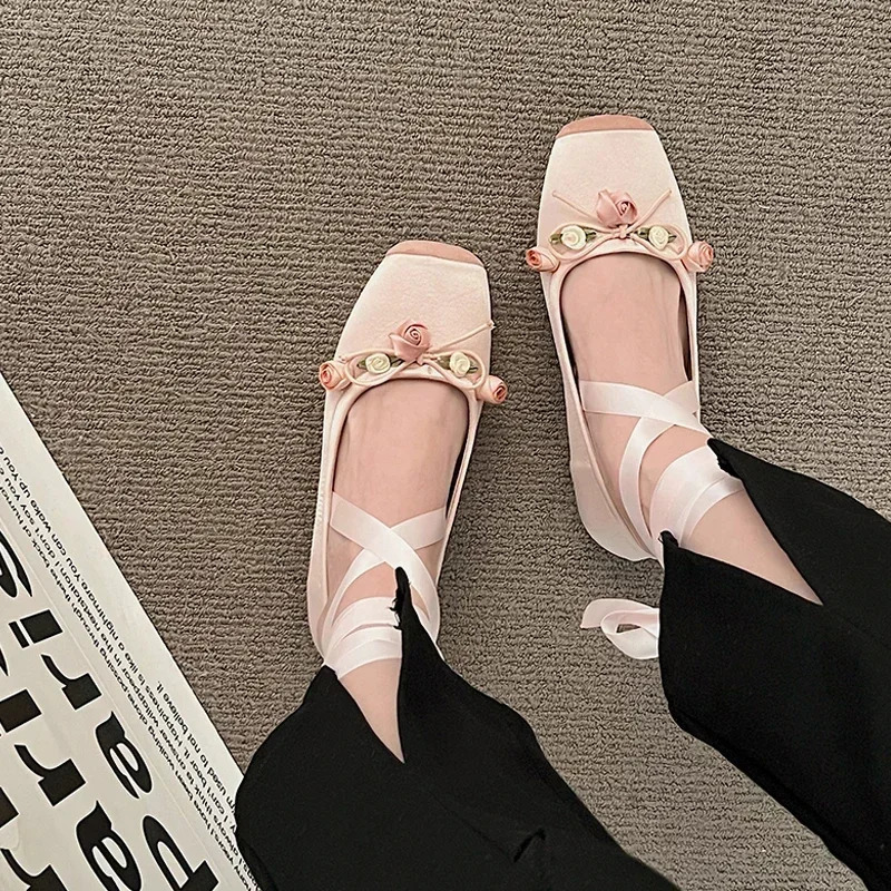 Lace Tie Leg Satin Silk Ballet Flats Woman Square Toe Bowknot Elastic Band Ballerinas Ladies Wedding Floral Shoes 250322