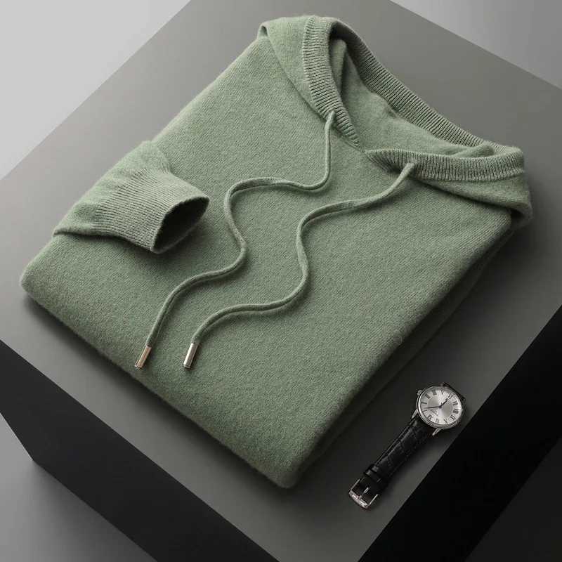 Mens one-piece ready to wear hoodie with 100% Merino wool knit sweater autumn and winter casual long sleeved shirt W250322
