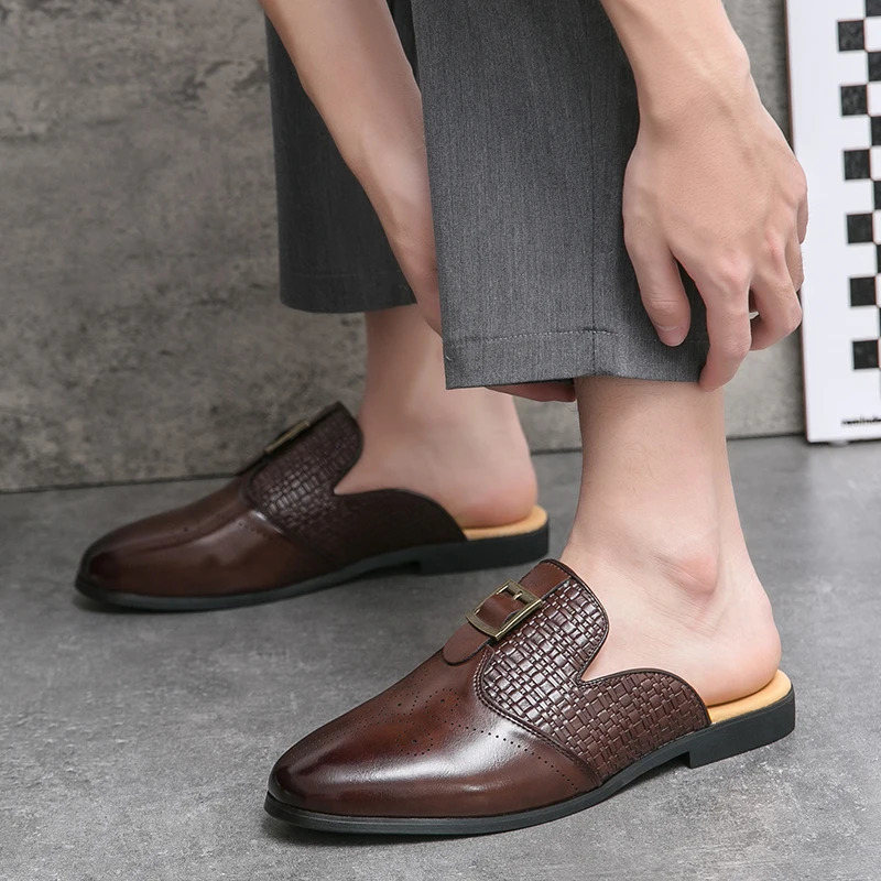 Summer Men Half Slippers Driving Brogues Shoes Male Belt Buckle Casual Mules Moccasins Breathable Penny Loafers Zapatos Hombre 250321