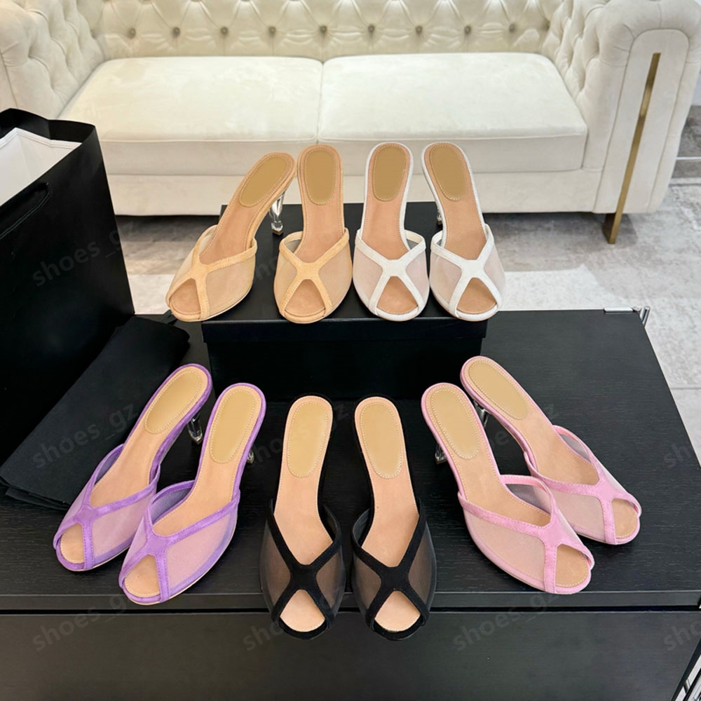 High quality mesh Stiletto heels slippers High-heeled sandals slides rhinestone Fish mouth open toes Clear heel Luxury designer heels Dinner party shoes for womens