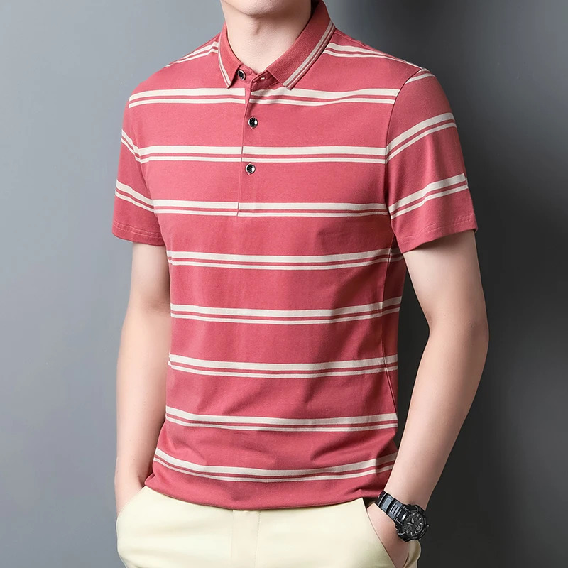 Summer mens polo shirt pure cotton short sleeved T-shirt thin striped business casual breathable pleated top 250321