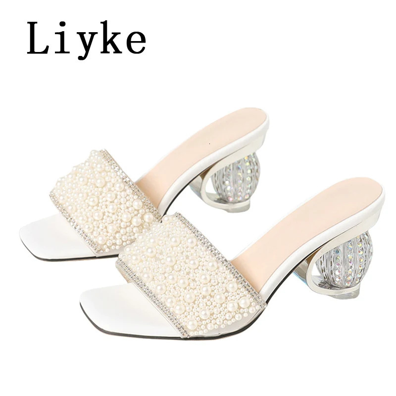 Liyke Size 36-42 Women Summer Party Slippers Fashion White Pearl Sandals Female Shoes Strange High Heels Mules Slides 250321