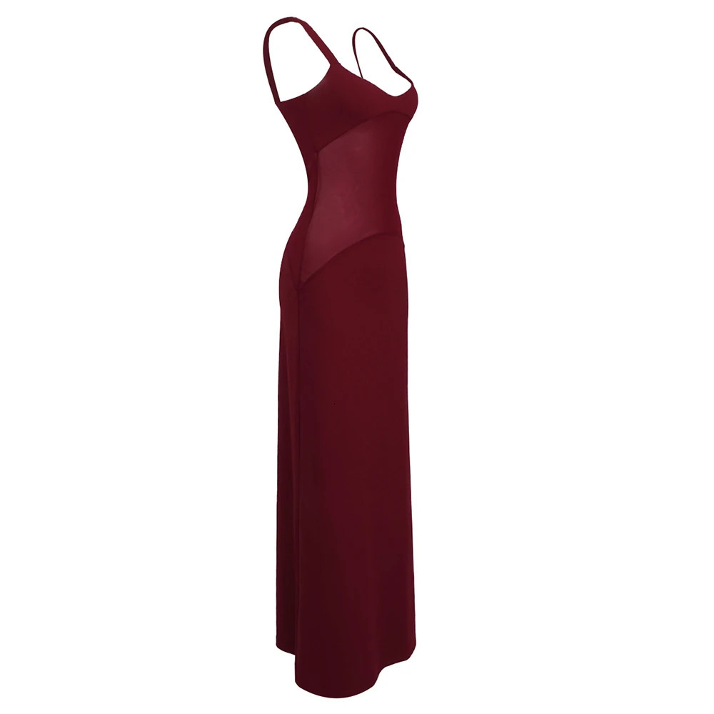 Summer fashion mesh Burgundy See Through Patchwork long dress without back tight Maxi Bodycon cocktail party wearing vest 250320
