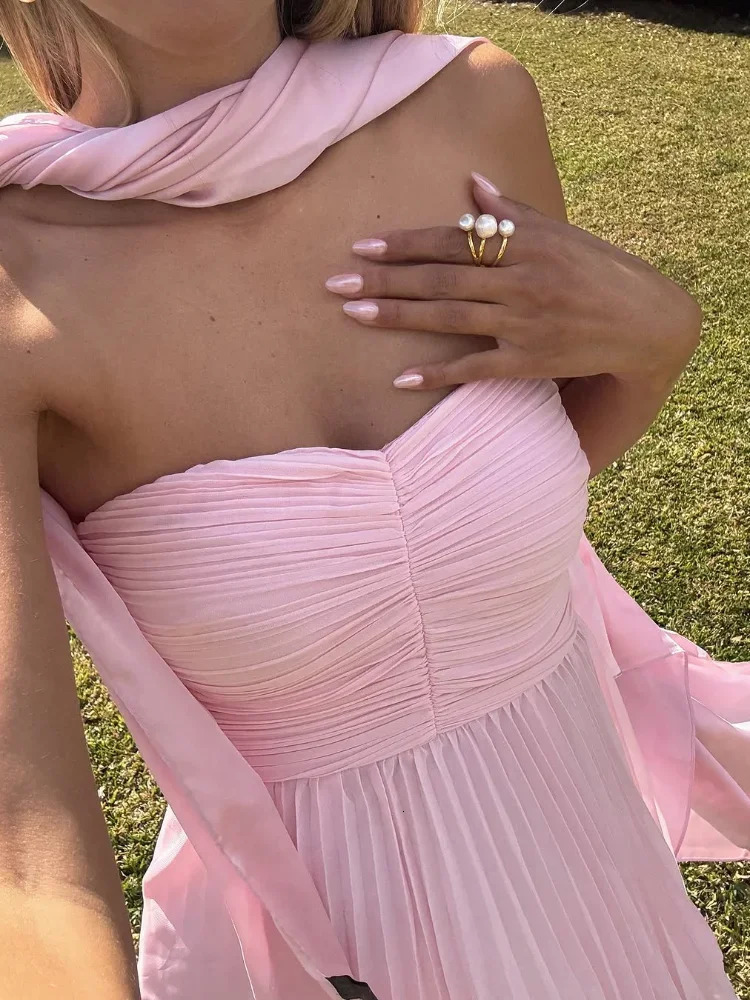 chic pink scarf long sleeved vest elegant strapless ultrathin pleated cake Maxi dress womens party club robe 250321