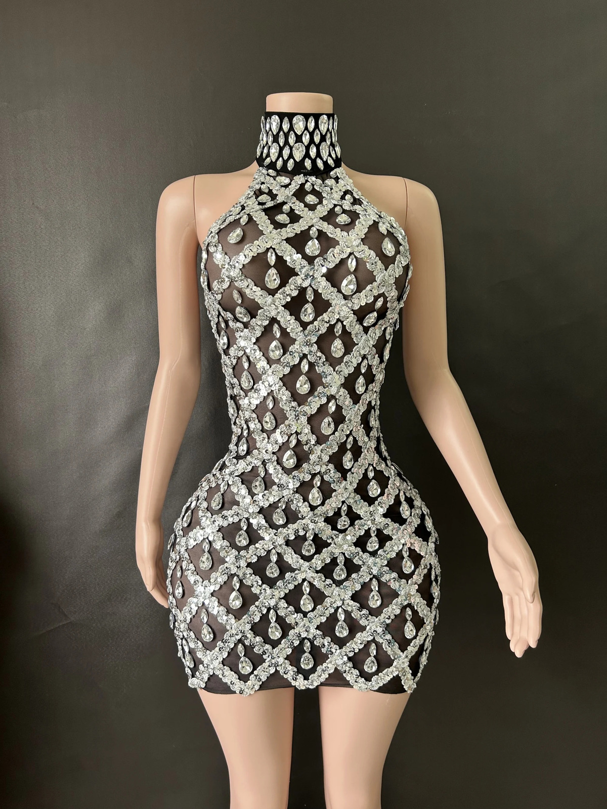 Womens sexy stage sparkling rhinestone sequin dress evening dance party birthday transparent performance singer club host 7G w250320