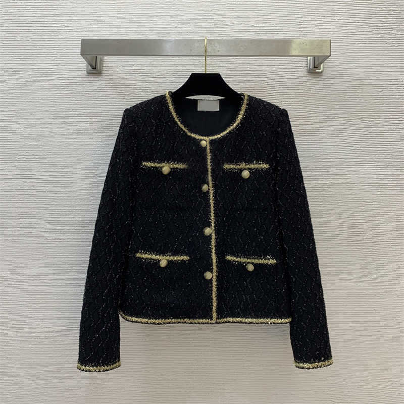 Womens Tweed Jacket Designer Jackets High-end Custom Gold Thread Woven Leather Wrapped Edge Round Neck Long Sleeve Street Style Woollen Jacket