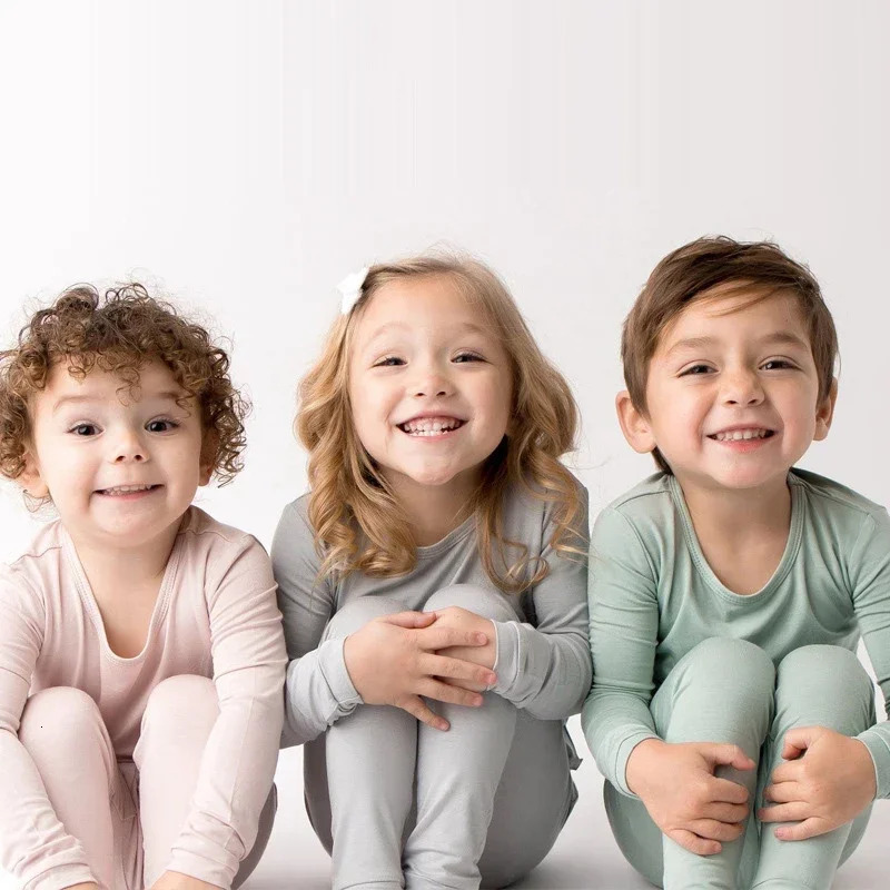 Bamboo Fiber For Kids Pyjamas Solid Long Sleeve Pants Breathable Sleepwear Clothes Toddler Boy Girl Loungerwear Outfits 250321