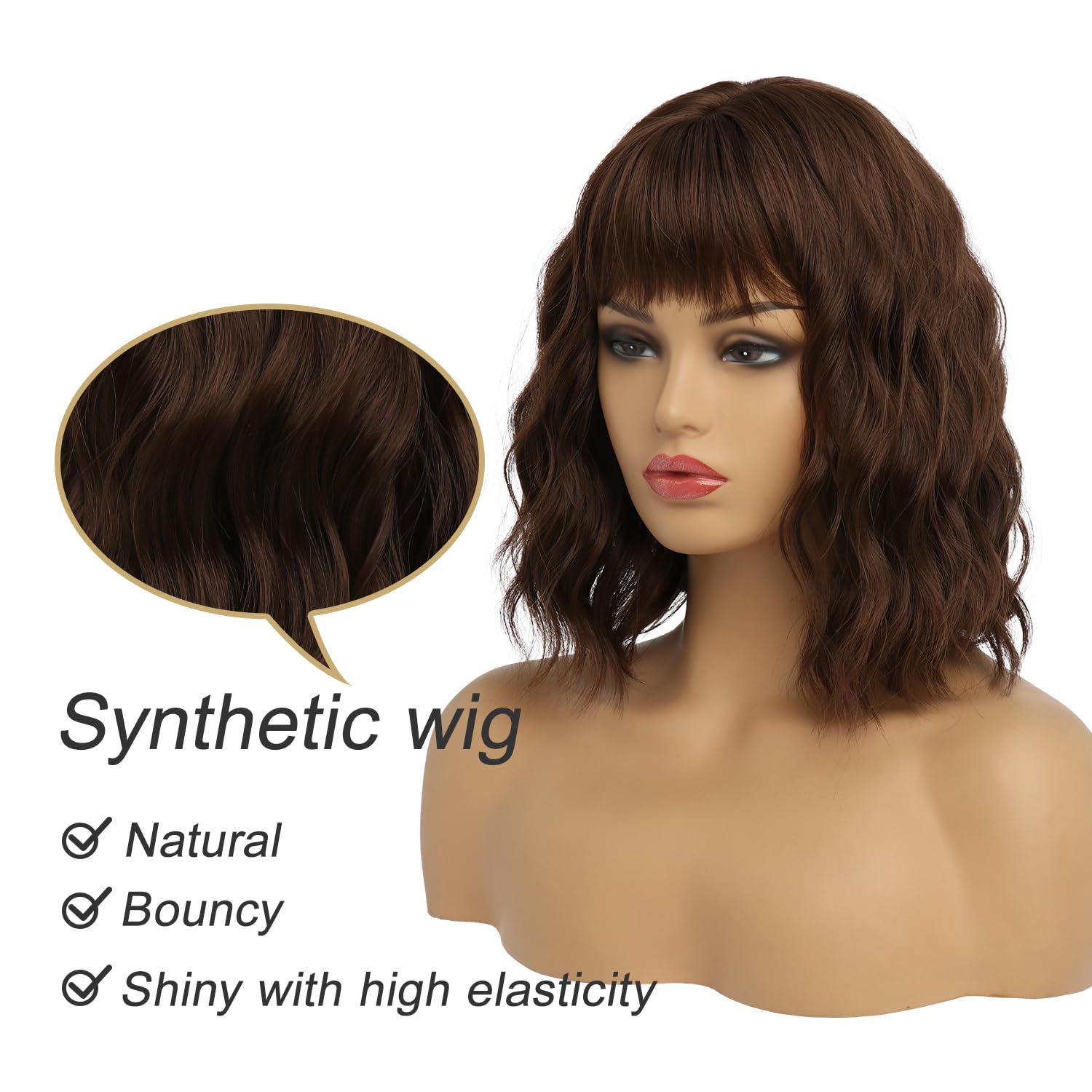 Short Chocolate Brown Wigs for Women Short Wavy Bob Wig with Bangs Medium Lenth Synthetic Hair for Daily Party(12 Inch)