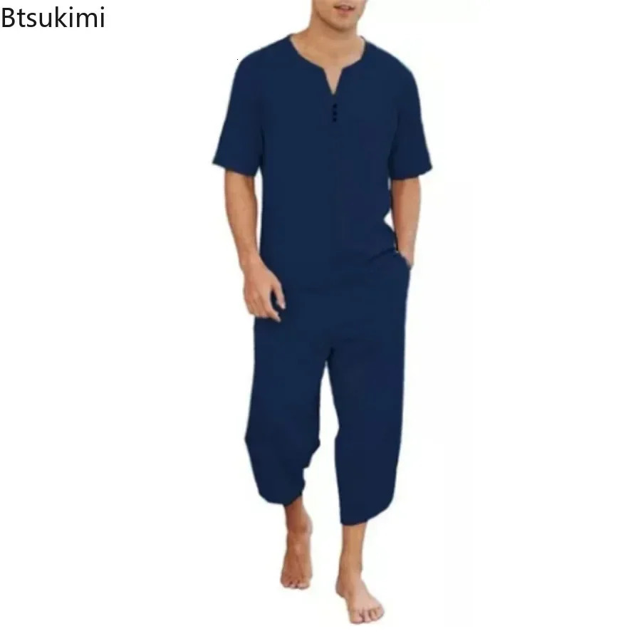 Mens Hip Hop Cotton Linen Sets Comfort Breathable Men Casual Sport 2 PCS Sets Fashion V-neck Short Sleeve TopsPants Suit 250318