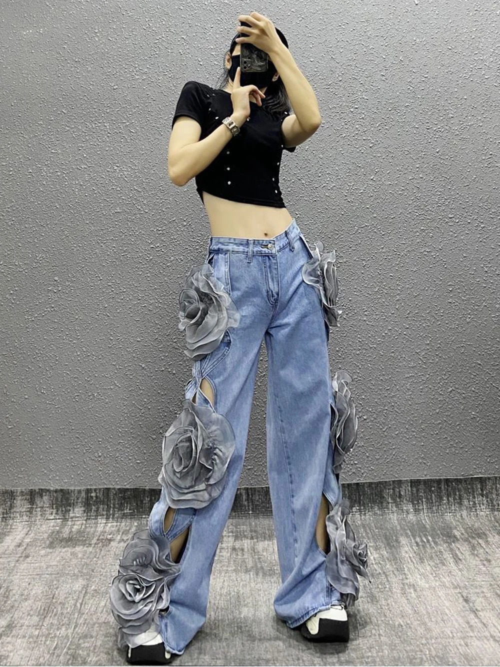 Y2K 3D floral splicing hollow high waisted loose jeans pants fashionable womens wide leg ultra-fine denim mens dress 250317