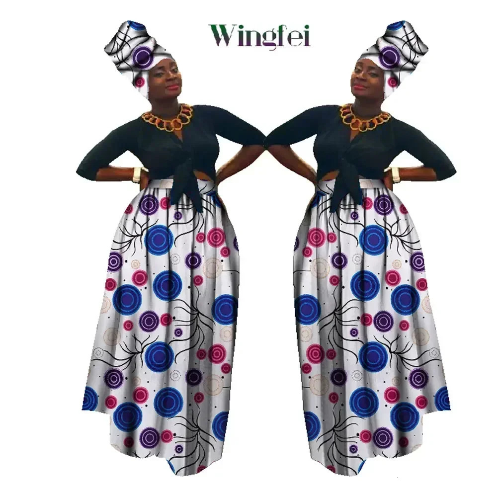 Dashiki African High Waist Ball Grown Skirt Bazin Riche African Skirt and African Headscarf 2 Pieces Lady Maxi Long Skirt WY1270 250322