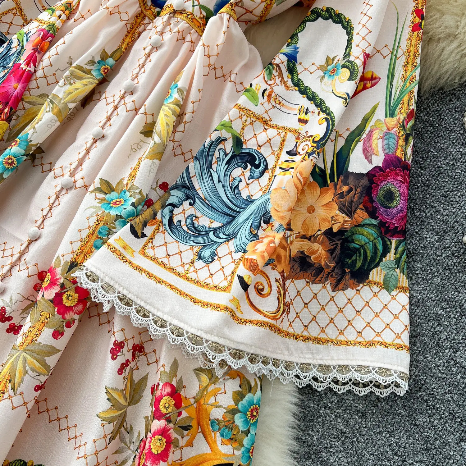 Elegant Floral Long Maxi Dresses Shirt Women Lantern Full Sleeve National Trench Print Single Breasted Lace Neck Party Vestidos 250322