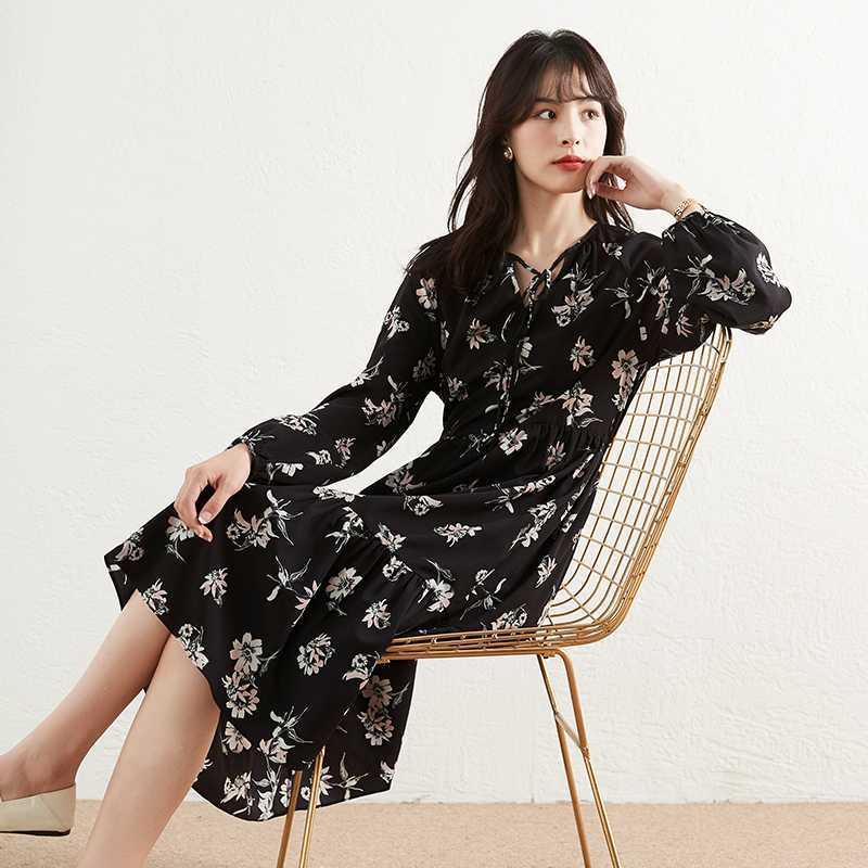 D205 Light luxury lady temperament long sleeve printed floral dress