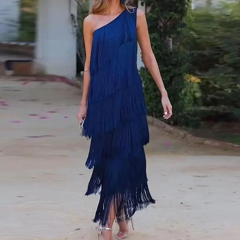 Elegant Asymmetric Slim Evening Dress Fashion Tassel Club Party Lady Sexy Diagonal Collar Sleeveless Tank Long 250320