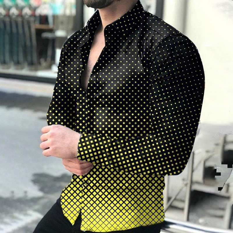New Spring Autumn Social Men Shirts Turn-Down Collar Buttoned Casual Dots Print Long Sleeve Shirt Tops Streetwear Men's Clothes 250322