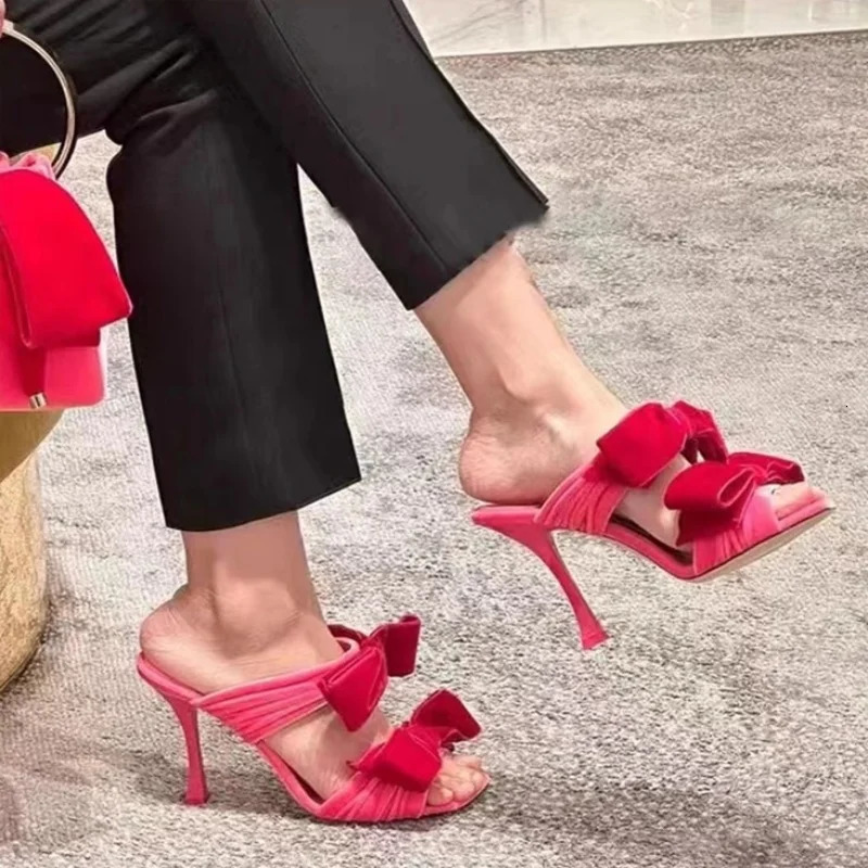 Square Toe Sandals Sexy Pink Velvet Bow Stiletto Heels Temperament Open-Toed Slippers Women 250322