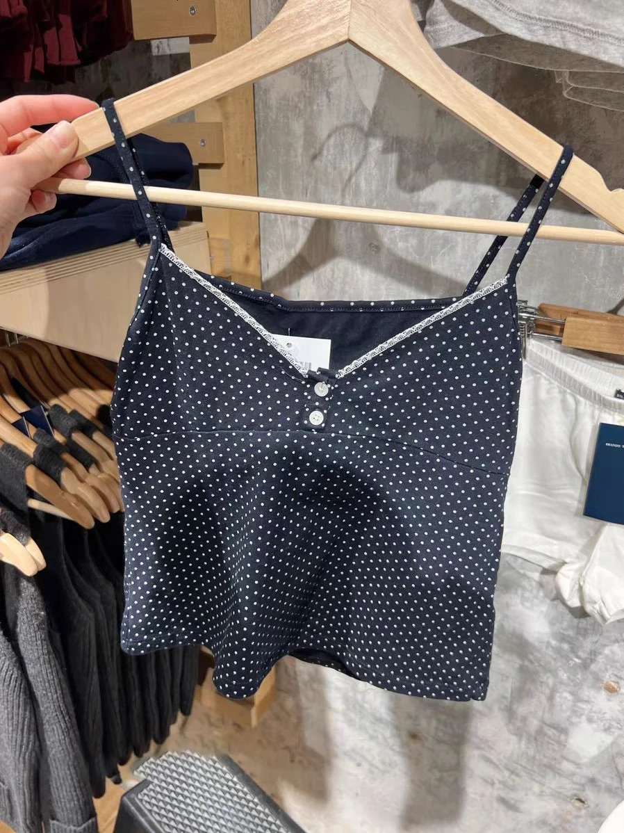 2-piece set of polka dot navy cotton vest shorts womens three button lace decorative vest top elastic waist straight shorts sweet set 250318