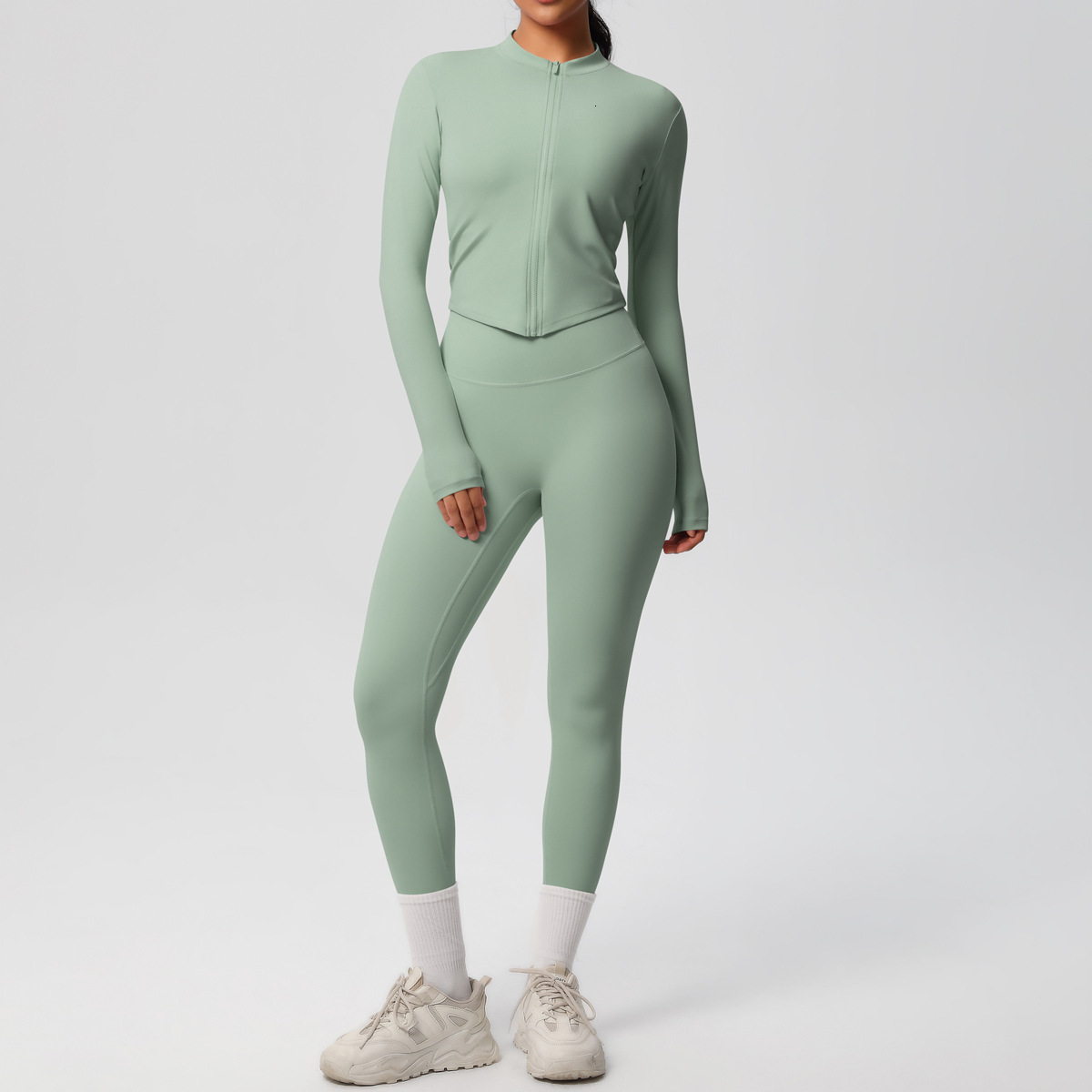 tracksuit Solid color double-sided brushed nude jacket long sleeved tight running fitness yoga suit two-piece set leggings