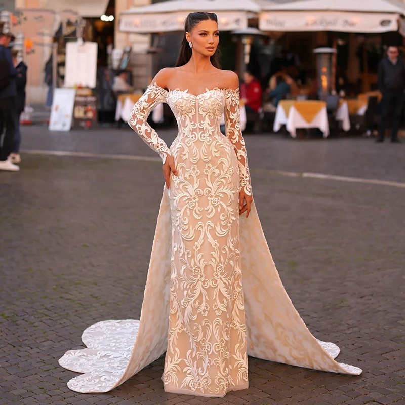 Classic Women Wedding Off Shoulder Long Sleeves Bridal Gowns Lace Detachable Train Dress Custom Made