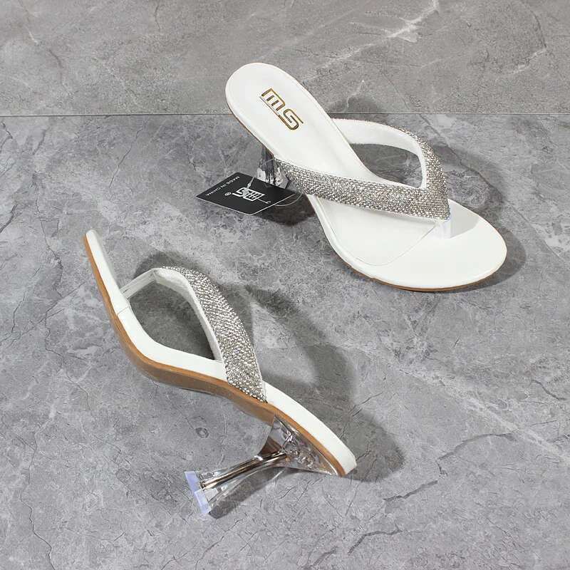 Women's Modern Slippers Summer New Patent Leather Crystal Clip Toe High Shoes Fine Heel Yellow Outside Fashion Women Slides