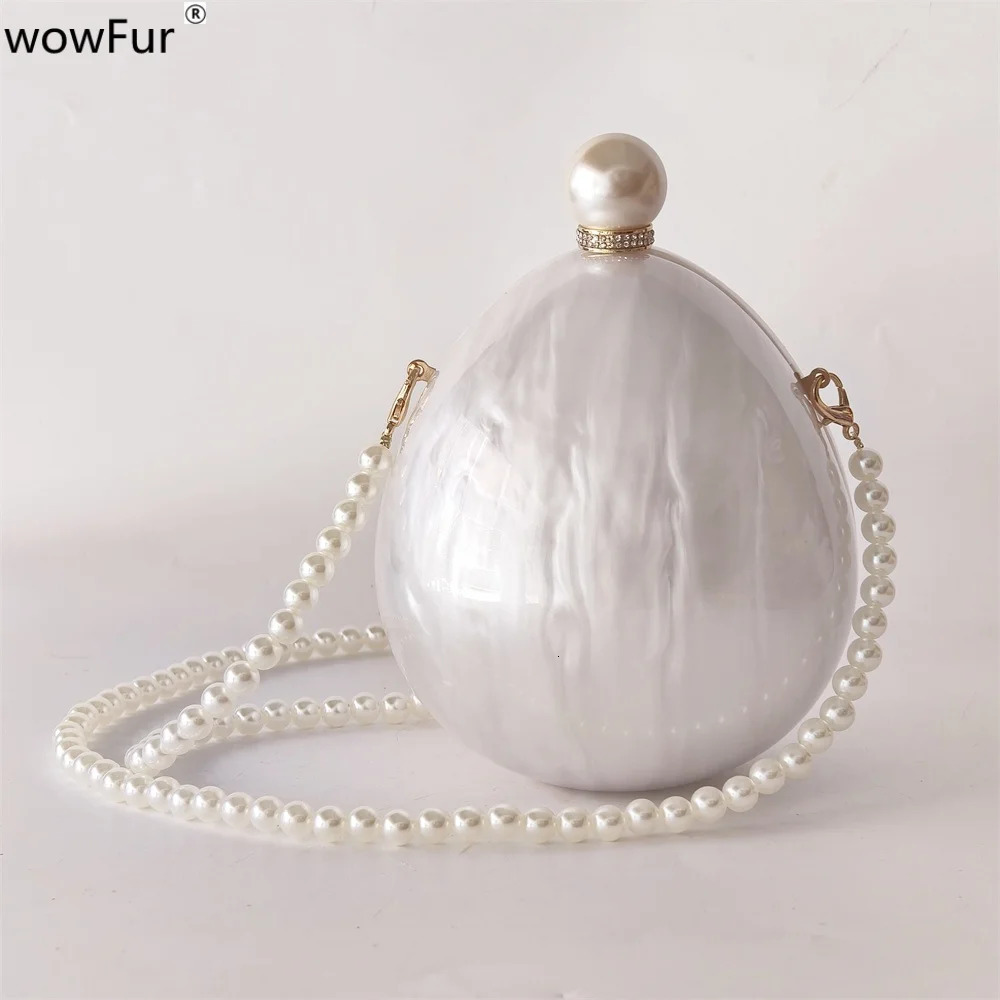 Ladies boutique pearl white egg acrylic box oval handbag wedding long chain messenger bride gift evening wallet cross body bag 250321