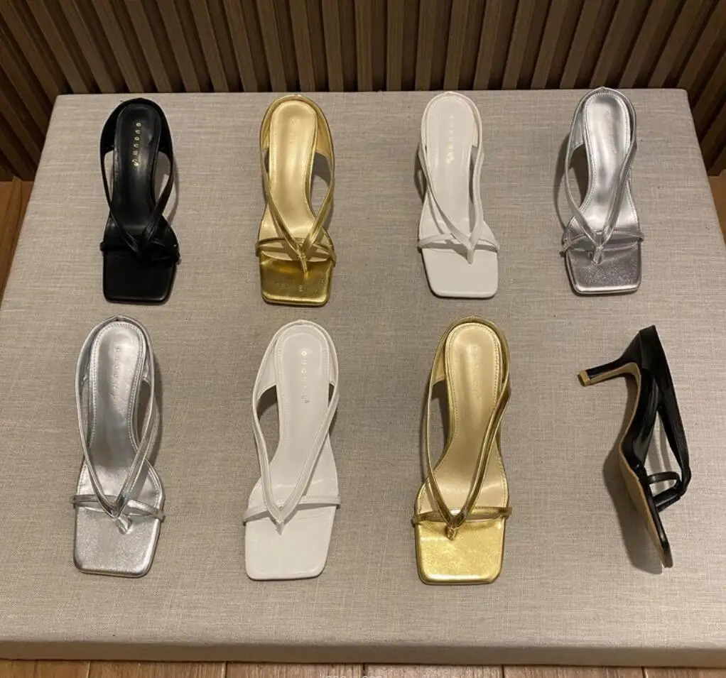 Womens Heel Flip Flops Gold Silver High Heels White Sandals Women Mules Slippers Ladies Summer Shoes Calzado Mujer 250322