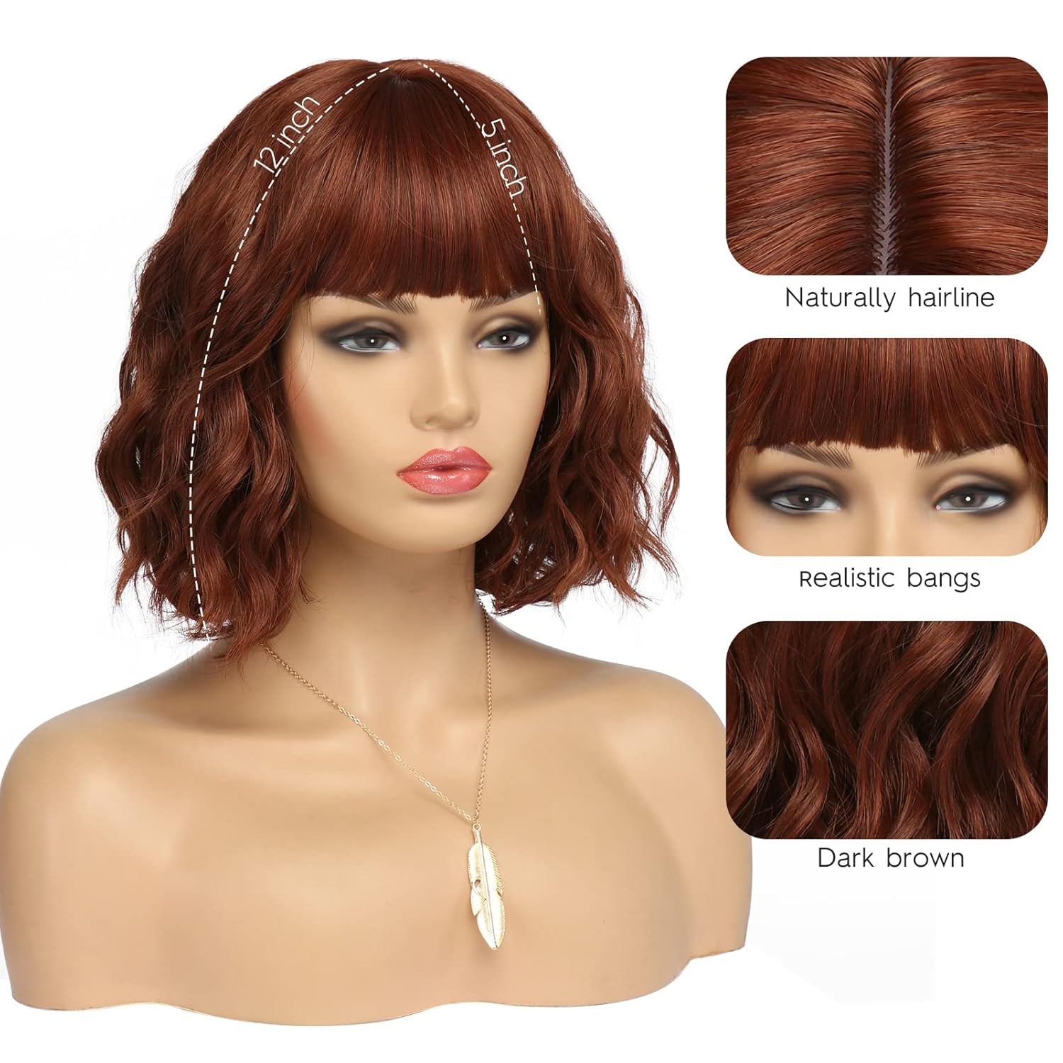 Short Auburn Wigs for Women Dark Ginger Wig with Bangs Brown Wigs Curly Hair Medium Length Synthetic Bob Wig Wavy Colorful Wigs