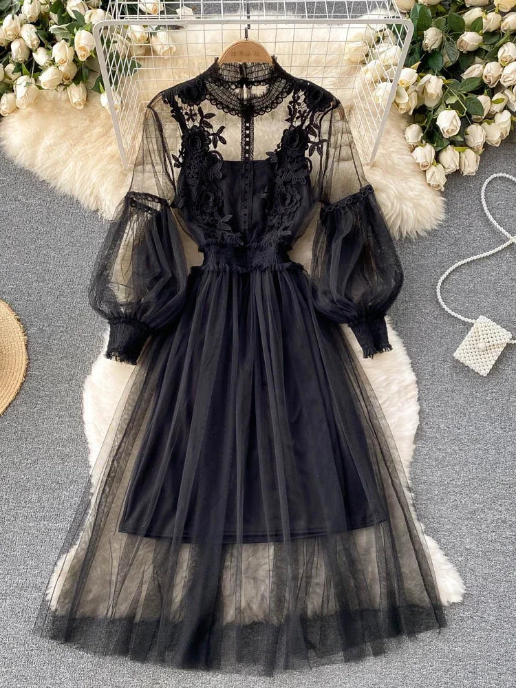 Ladies Dress Three-dimensional Flower Hook Mesh Temperament Stand Collar Lantern Sleeve High Waist Slim Female Dresses 250322