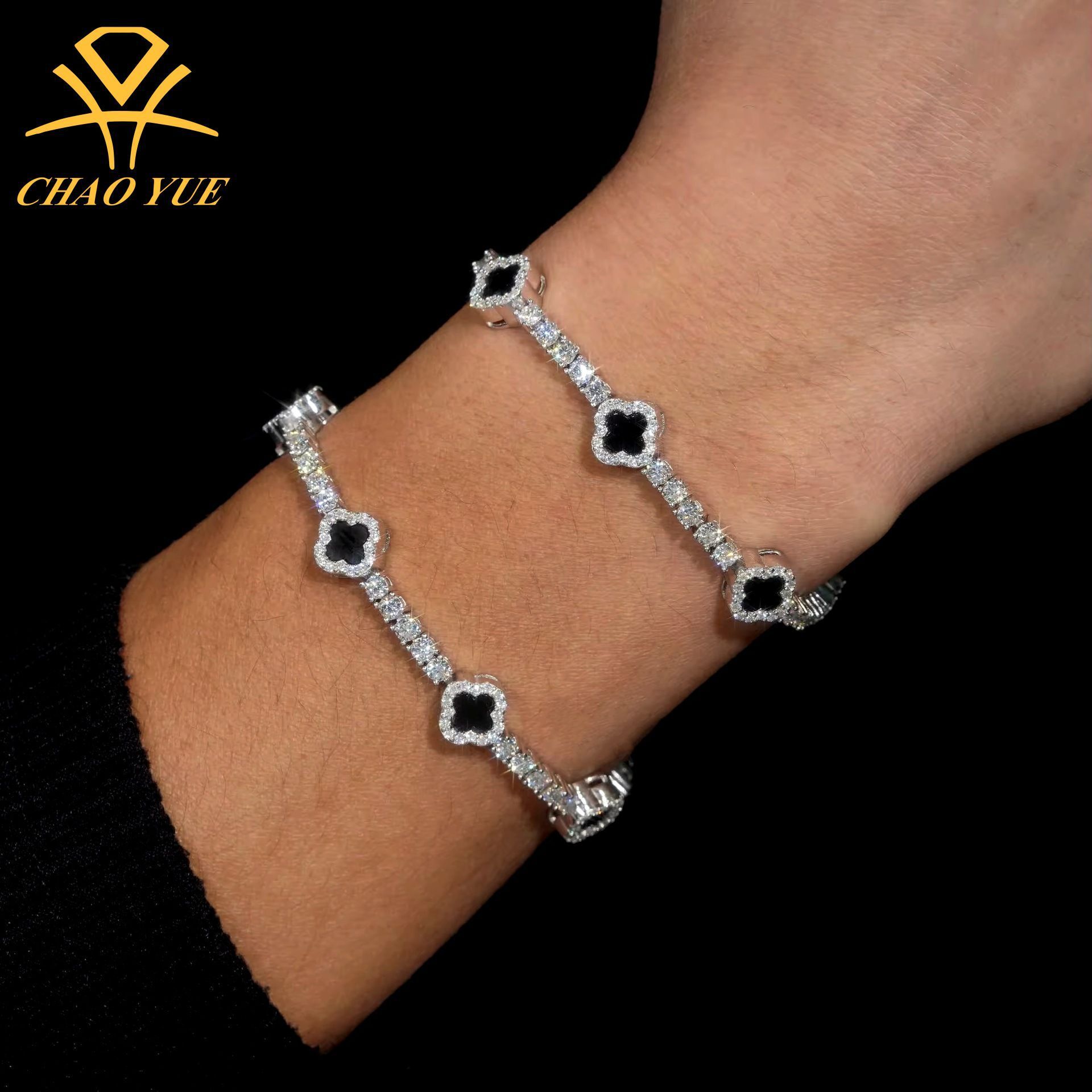 New 925 Silver VVS Moissanite Bracelet 3.0mm Black Agate Four Leaf Hip Hop Fashion Bracelet