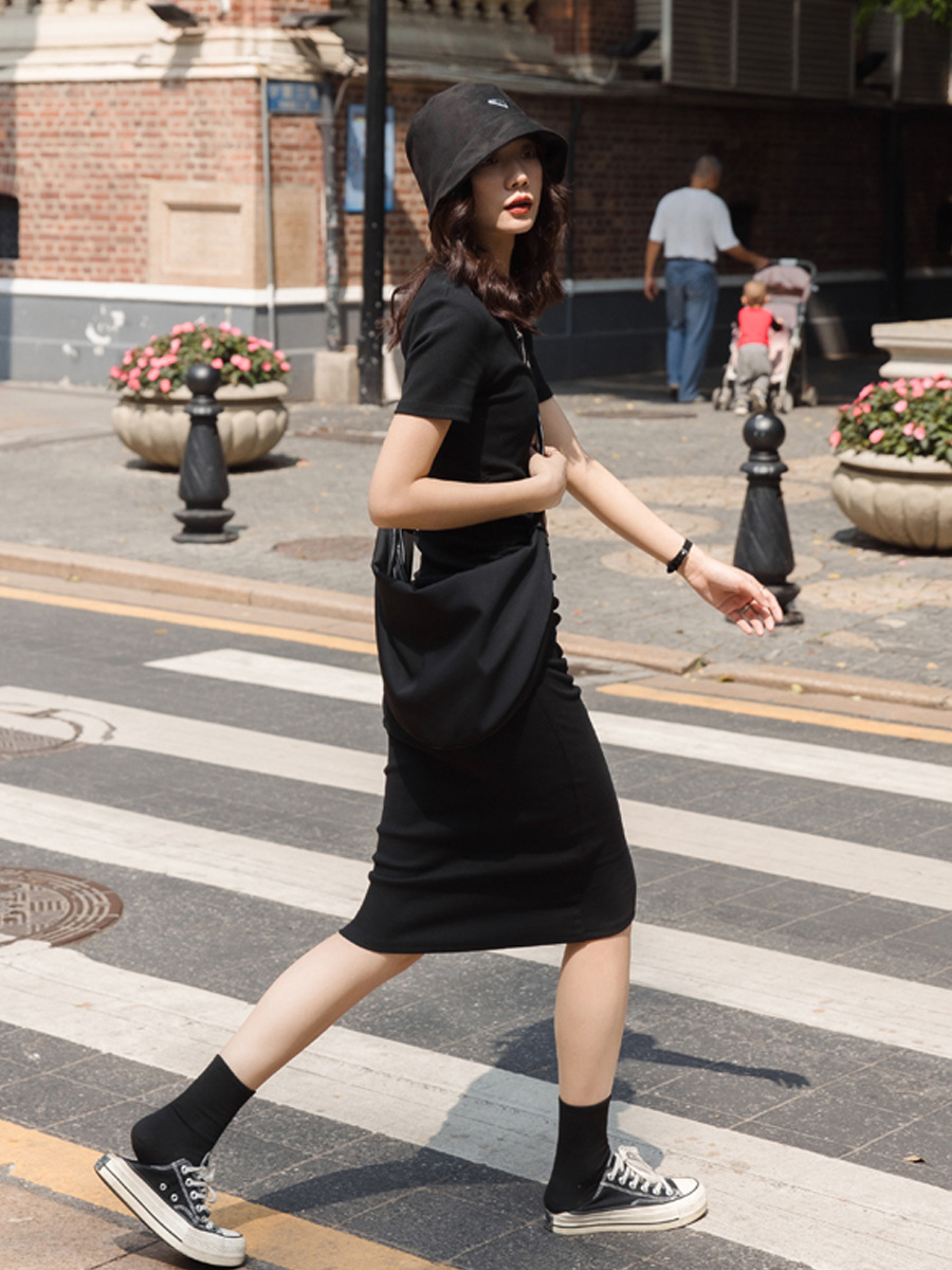 JA27130 A3 High quality age-reducing drawstring waist dress for women 2025 summer new pure cotton slim fit short sleeves