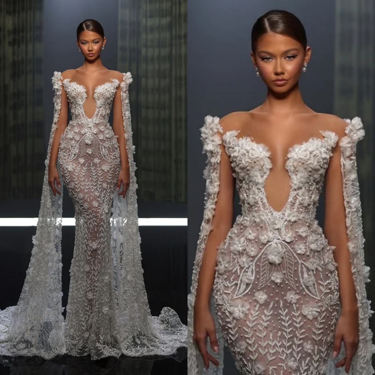Sexy Mermaid Wedding Dress Sheer Neck Long Sleeves Bridal Gowns Sequins 3D Appliques Sweep Train Dresses Custom Made vestidos de novia