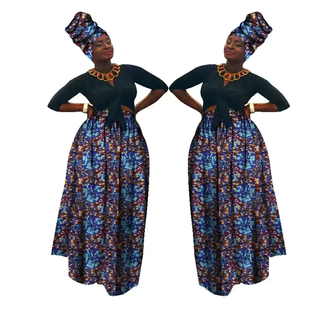 Dashiki African High Waist Ball Grown Skirt Bazin Riche African Skirt and African Headscarf 2 Pieces Lady Maxi Long Skirt WY1270 250322