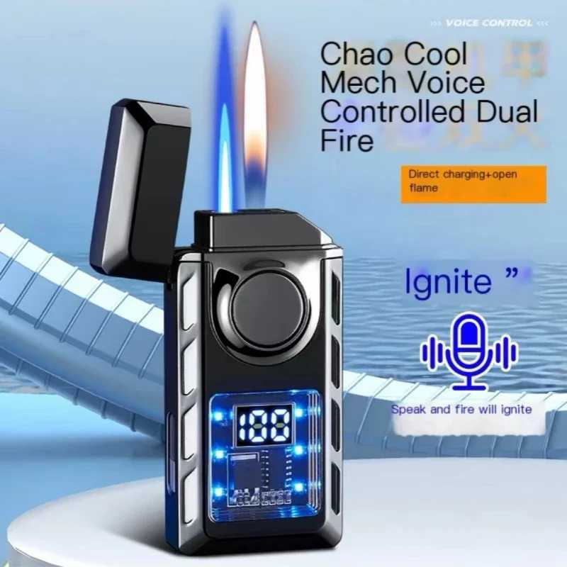 Creative Voice Controlled Ignition Gas Lighter Color Light Battery Display Open Fire Switching Jet Fire USB Electric LightersC250322